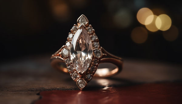 macro photography of a vintage-inspired marquise crystal fashion ring on a wooden surface