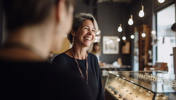 middle-aged female customer having a big smile talking to jewelry shop owner in the foreground inside jewelry store