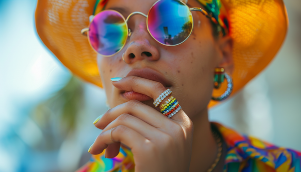 person wearing rainbow colored glasses and shirt, yellow hat, and fashion rings in different colors of crystals