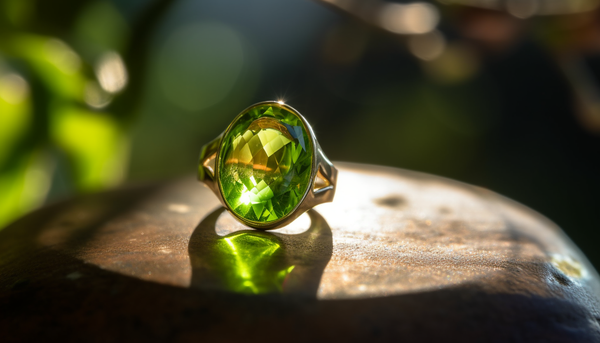 selective focus of a peridot-colored crystal fashion ring on a wooden surface