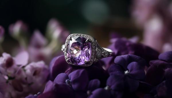 selective focus of a purple crystal fashion ring on top of purple flowers 