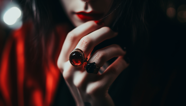 selective focus photograph of a woman's hand wearing red crystal fashion rings