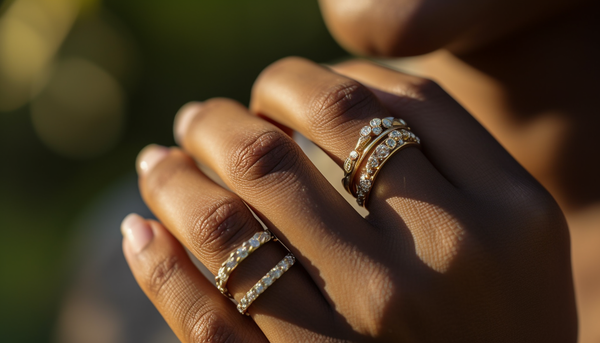 selective focus photography of a woman's hand wearing stackable fashion rings on her finger