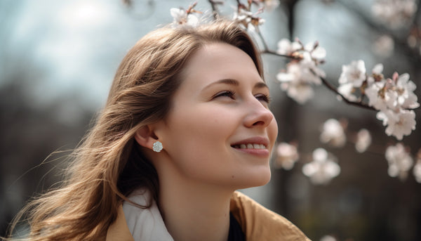 side profile of a smiling brunette wearing CeriJewelry White Enamel Flower Stud Earrings with cherry blossoms in the background