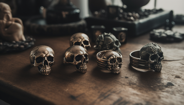 skull fashion rings on a wooden table