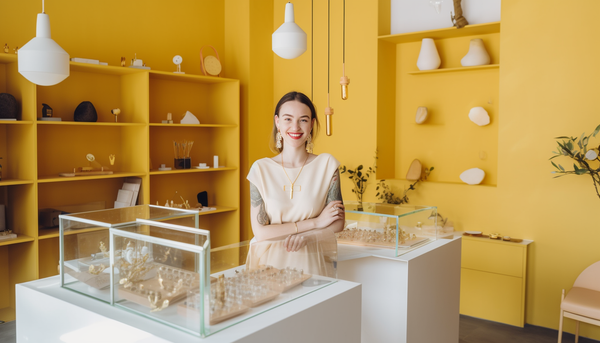small minimalist fashion jewelry store with pastel yellow walls, smiling female owner with tattoos standing behind one of the displays