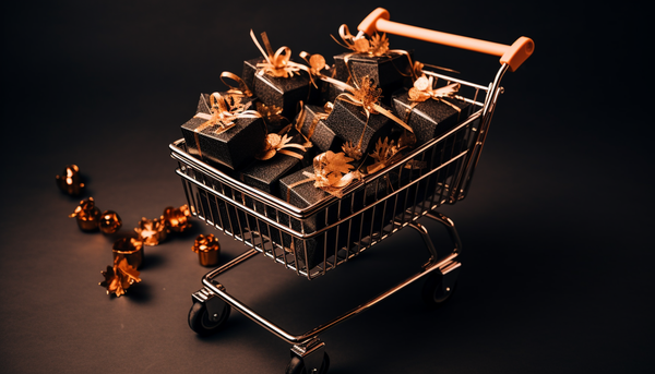 small shopping cart filled with black ring boxes with orange ribbons depicting black friday season