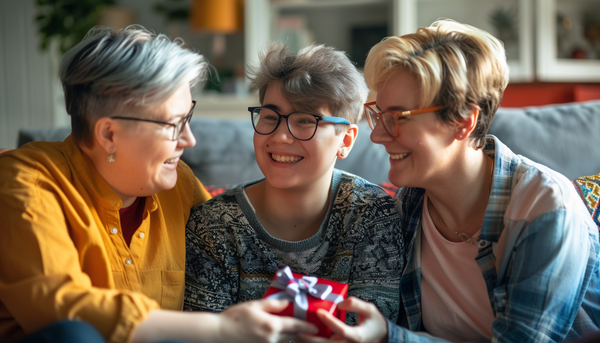 smiling LGBTQ moms and their teenage son sitting on the sofa at home. The teenage son is giving one of his moms a Mother's Day present in a small red ring box with dark blue ribbon