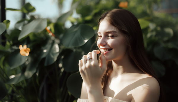 smiling brunette her eyes closed and wearing a solitaire moissanite sterling silver ring