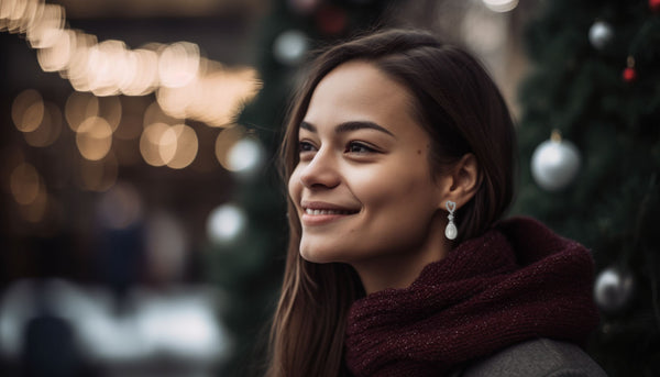 smiling brunette wearing CeriJewelry's pearl earrings