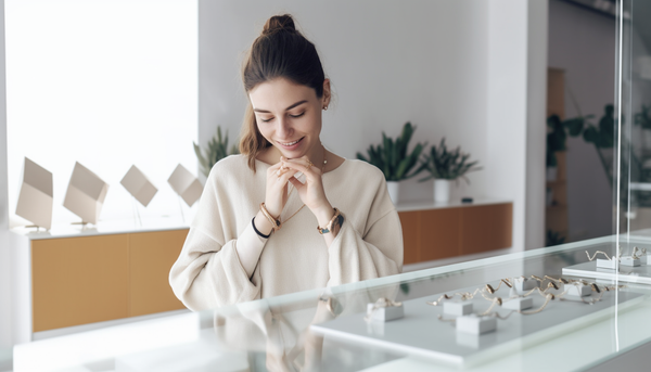 smiling brunette with her hair up in a ponytail in a modern minimalist jewelry shop