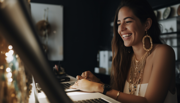 smiling brunette woman in front of her laptop wearing fashion jewelry pieces