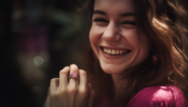 smiling brunetter wearing a pink cz fashion ring and a pink shirt