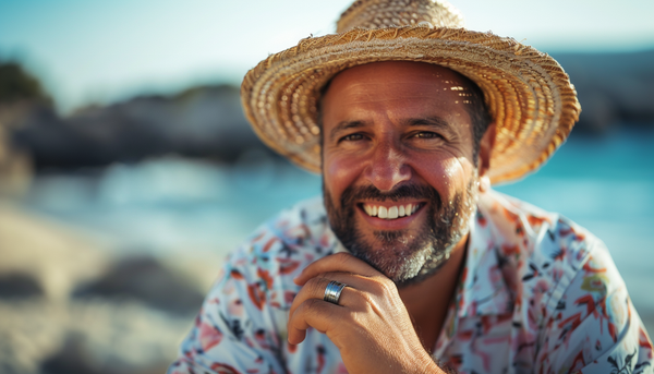 smiling dad on the beach wearing a floral summer shirt, beach hat, a stainless steel ring on his finger