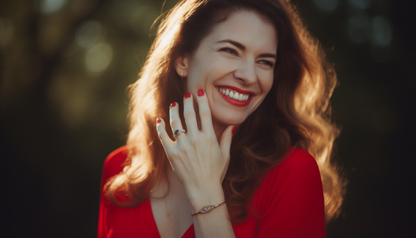 smiling empowered brunette wearing a slef-love fashion ring with red nails, red lipstick, and red dress