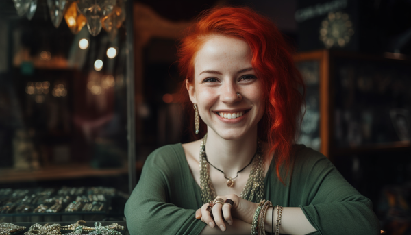 smiling jewelry entrepreneur with red hair in her small shop