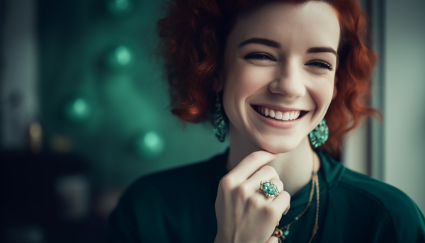 smiling redhead wearing green top and green fashion jewelry pieces