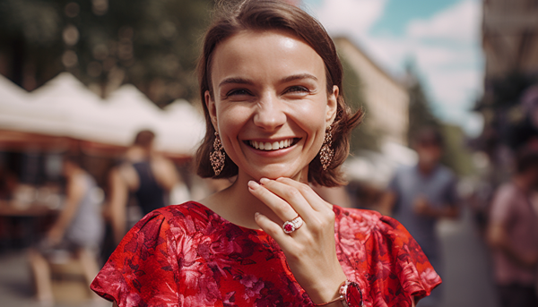 smiling short-haired brunette wearing a red floral dress and ruby cz fashion ring