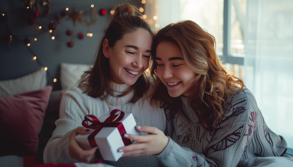 smiling teenage daughter handing her smiling mom a small white box with burgundy ribbons in the bedroom