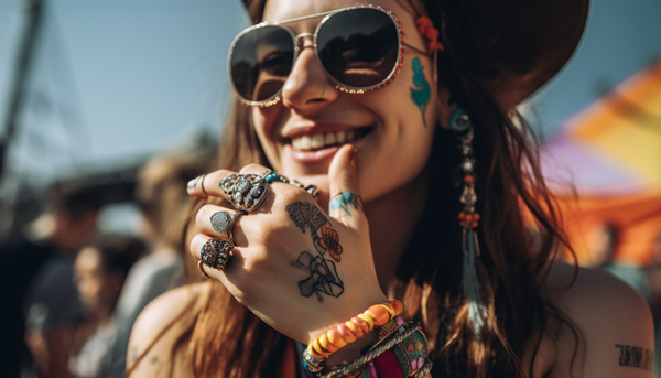 smiling woman at a spring music festival wearing statement fashion jewelry and sunglasses