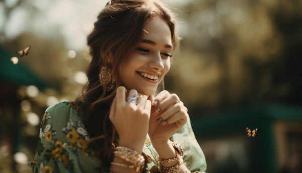 smiling woman wearing CeriJewelry's butterfly fashion ring and a green floral dress