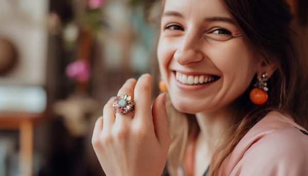 smiling woman wearing a cocktail ring and statement earrings