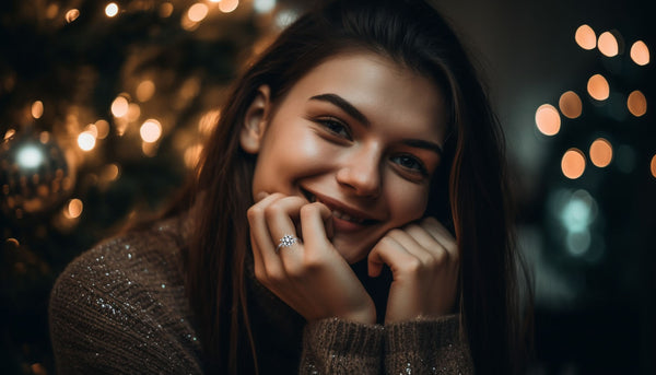 smiling woman wearing a snowflake fashion ring from CeriJewelry