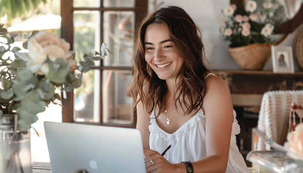 smiling woman wearing fashion jewelry looking at the monitor of her laptop