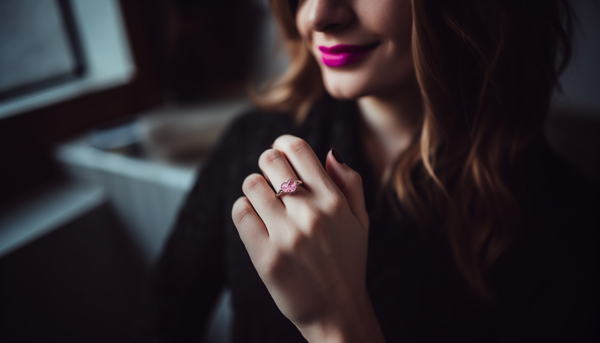 smiling woman with pink lipstick showing off her fashion ring with a pink CZ heart center stone