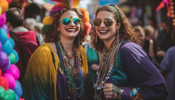 smiling women wearing flamboyant vibrant outfits in a mardi gras celebration in the french quarter