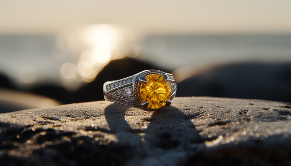 solitaire ring with big yellow crystal on the center, on the sand on the beach, on a summer day