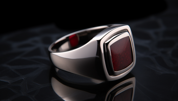 stainless steel men's fashion ring with red epoxy accents on a reflective surface