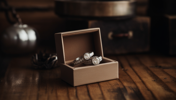 sterling silver cz ring and a stainless steel cz ring together in a brown ring box on a wooden table