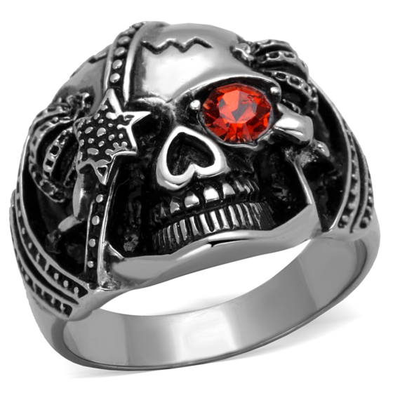 Unisex Skull Ring with Red-Orange Crystal Eye from CeriJewelry