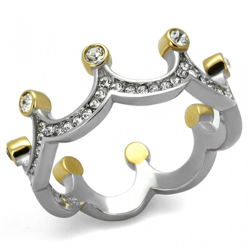 A stainless steel tiara ring with crystals