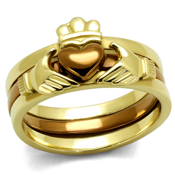 Gold and Coffee-Plated Stainless Steel Claddagh 3 Ring Set from CeriJewelry