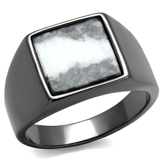 Men's Stainless Steel IP Light Black Semi-Precious Zebra Jasper Square Gray Ring from CeriJewelry