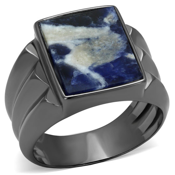 Men's Stainless Steel IP Light Black Semi-Precious Sodalite Square Capri Blue Ring from CeriJewelry