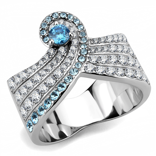 Stainless Steel No Plating AAA Grade CZ Sea Blue Wave Ring