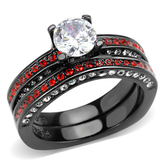 Stainless Steel IP Black AAA Grade CZ Clear & Red Solitaire Ring Set