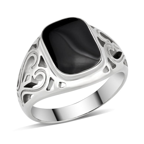 Stainless Steel Epoxy Jet Black Heart Filigree Ring