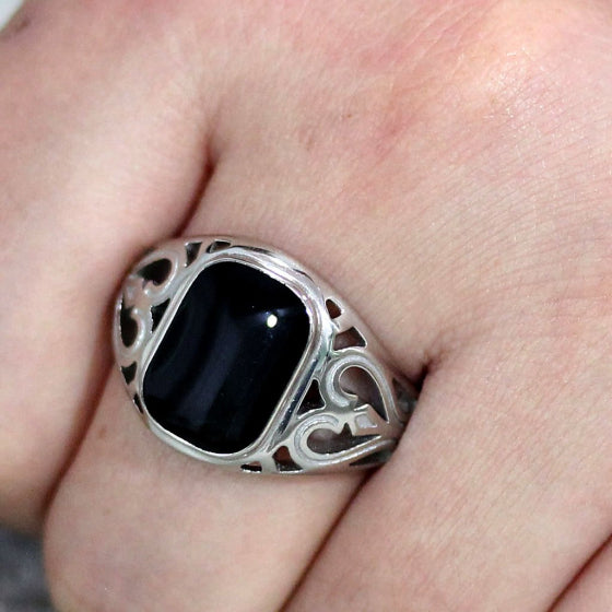 Stainless Steel Epoxy Jet Black Heart Filigree Ring from CerJewelry