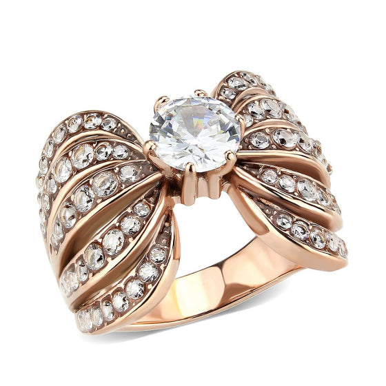 Stainless Steel IP Rose Gold Clear AAA Grade Cubic Zirconia Ring