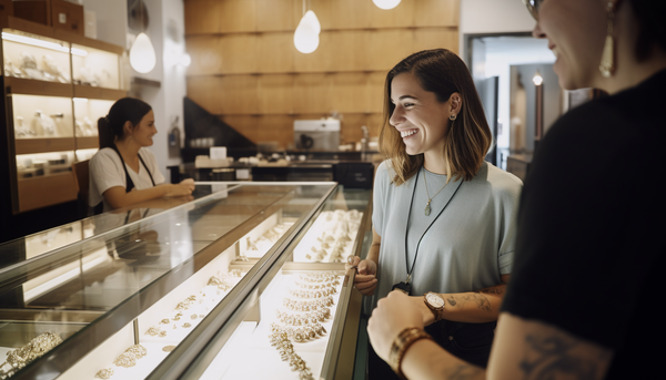 two smiling women talking to someone not in the frame in a jewelry store