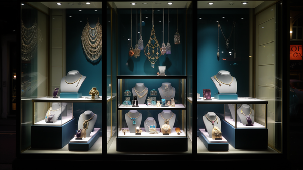 visually appealing jewelry window display with teal blue accents at night