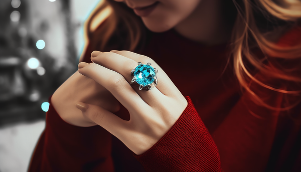 woman in read sweater wearing a sea blue crystal fashion ring