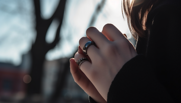 woman's hand wearing a black plated stainless steel fashion rings