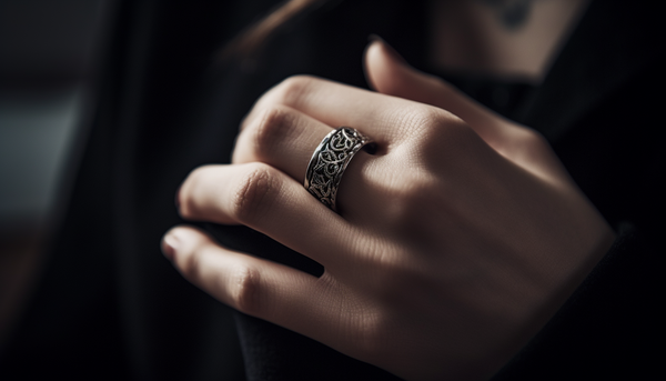 woman's hand wearing a rhodium-plated brass fashion ring