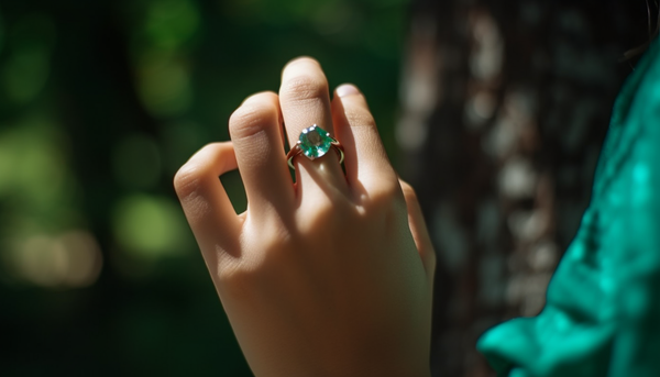 woman showing off her solitaire emerald green CZ ring on her finger