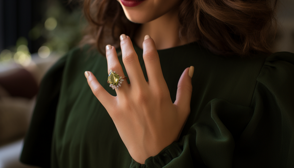 woman wearing a fashion ring with green center stone, wearing a long-sleeved green dress